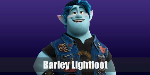 Barley Lightfoot's costume features blue skin from body paint, a black shirt, denim vest, and cargo shorts. He also has  blue-ish hair and a pair of sneakers.