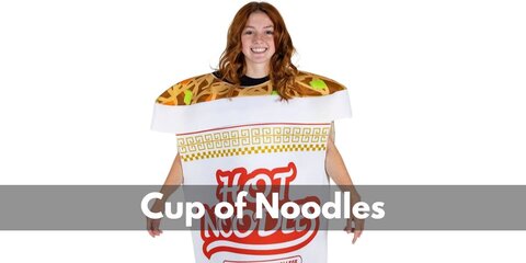 You can easily recreate this cup of noodle look with a costume set or a themed onesie or use foam sheets and a hula hoop to wear it.